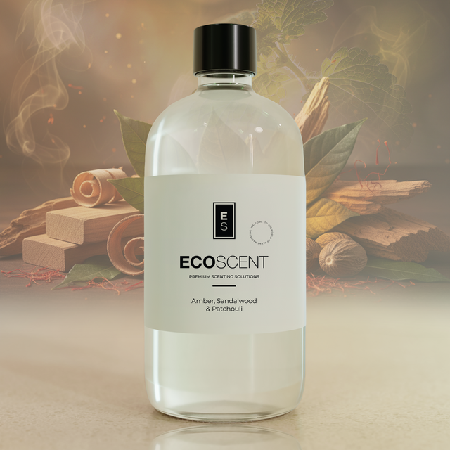 Bottle of Ecoscent product with a blurred natural background