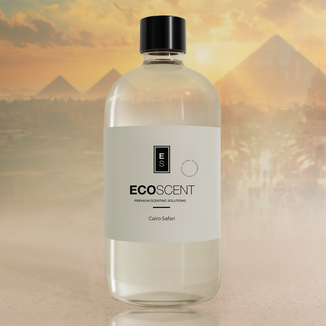 Bottle of Ecoscent product with pyramids in the background