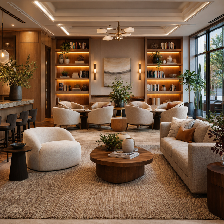 Luxurious communal residents’ lounge with contemporary furnishings