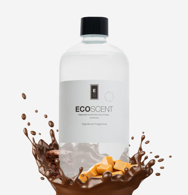 ecoscent-shop Chocolate Fragrance Oil in a clear bottle with a black cap, featuring a label that includes the brand name and product details against a splash of chocolate and candies.
