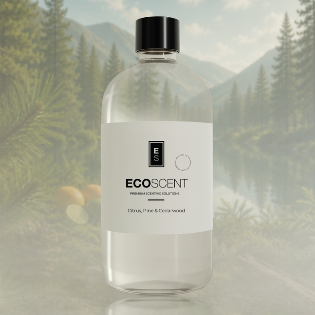 EcoScent bottle with a forest background