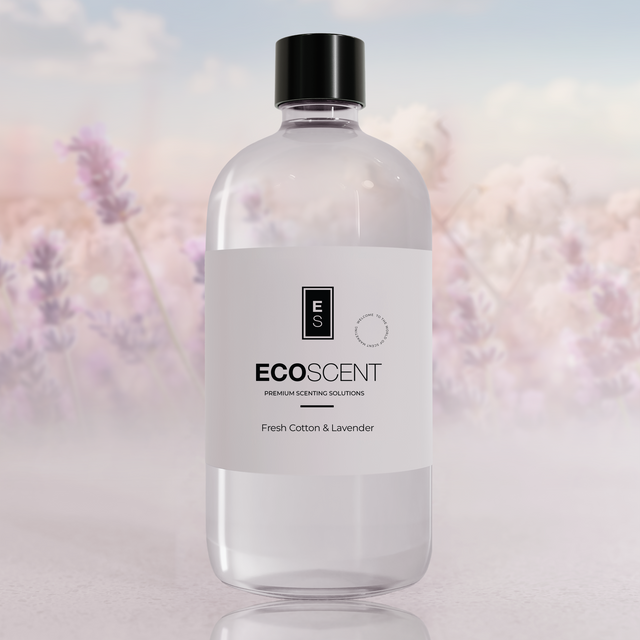 Clear bottle with black cap labeled 'ECOSCENT' on a soft, blurred background with lavender flowers.