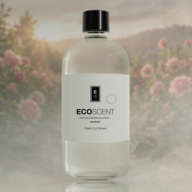 Ecoscent-shop Fresh Cut Roses Fragrance Oil with notes of rose, green stem, and musk, presented in a clear glass bottle with a black cap and a simple white label.