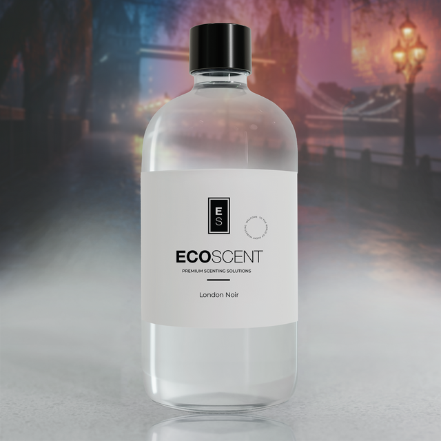Clear bottle with black cap labeled 'ECOSCENT' on a blurred background