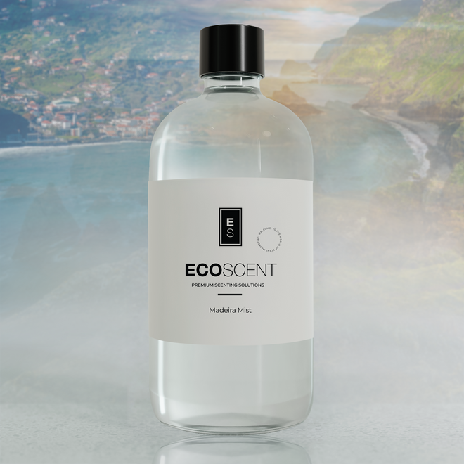 Clear bottle with black cap labeled 'EcoScent' against a scenic background