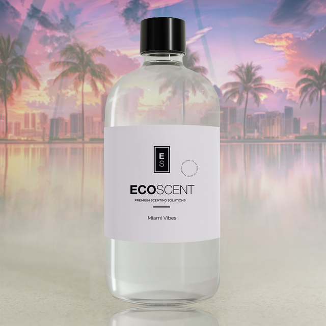 Bottle of Ecoscent with a scenic background of palm trees and a city skyline.