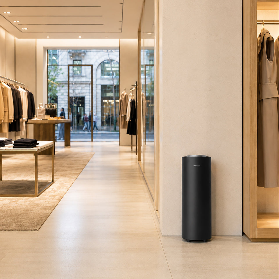A sleek, matte black cylindrical floor scent machine stands on a light beige tiled floor in a modern, minimalist clothing boutique.