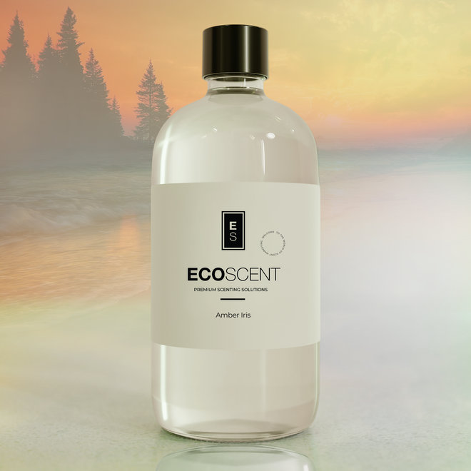 Bottle of Ecoscent product with a scenic background