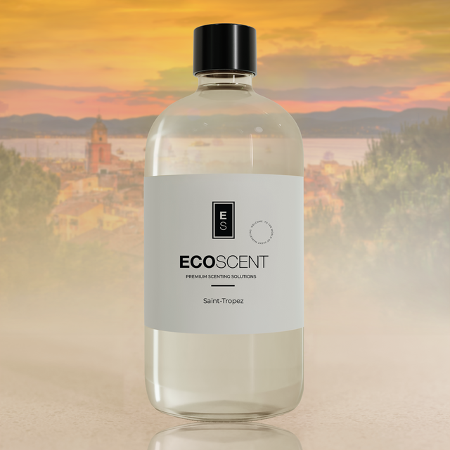 Bottle of Ecoscent product with a scenic background