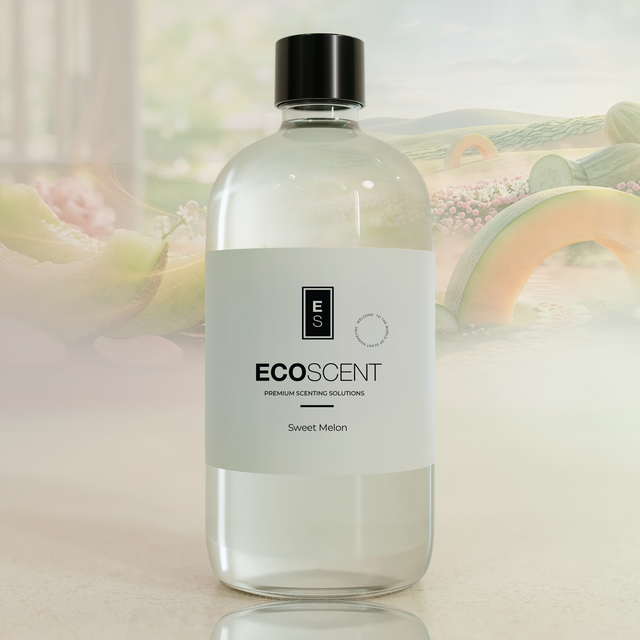 Bottle of Ecoscent Sweet Melon fragrance with a blurred floral background
