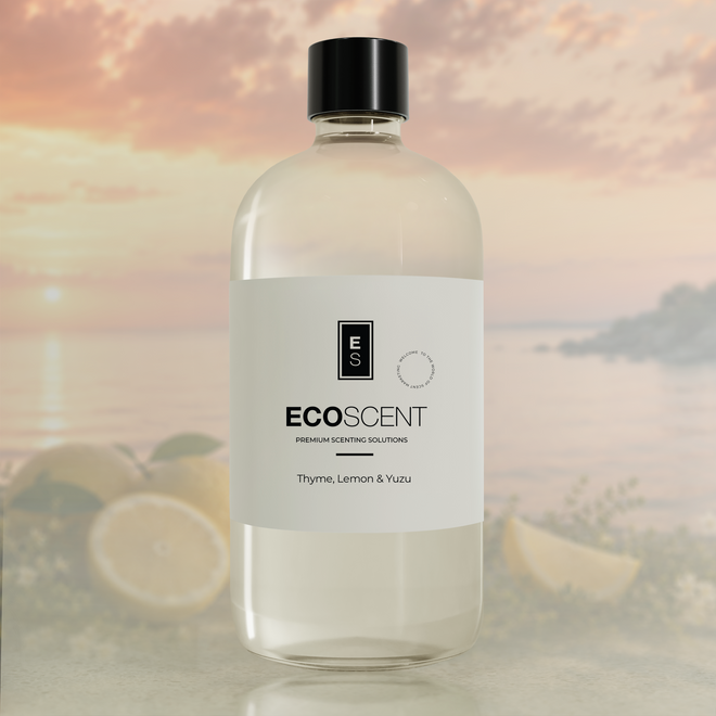 Bottle of Ecoscent product with a blurred background featuring lemons and a sunset.