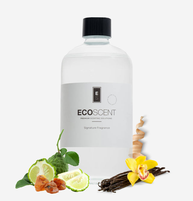 Ecoscent-shop Vanilla, Bergamot & Amber Fragrance Oil in a clear bottle with a black cap, surrounded by bergamot, vanilla, and amber elements to emphasize its ingredients.