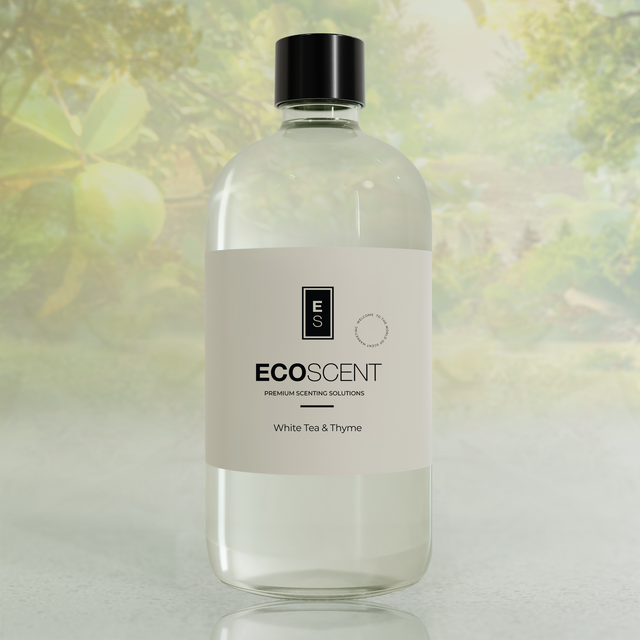 Bottle of Ecoscent product with a green leafy background