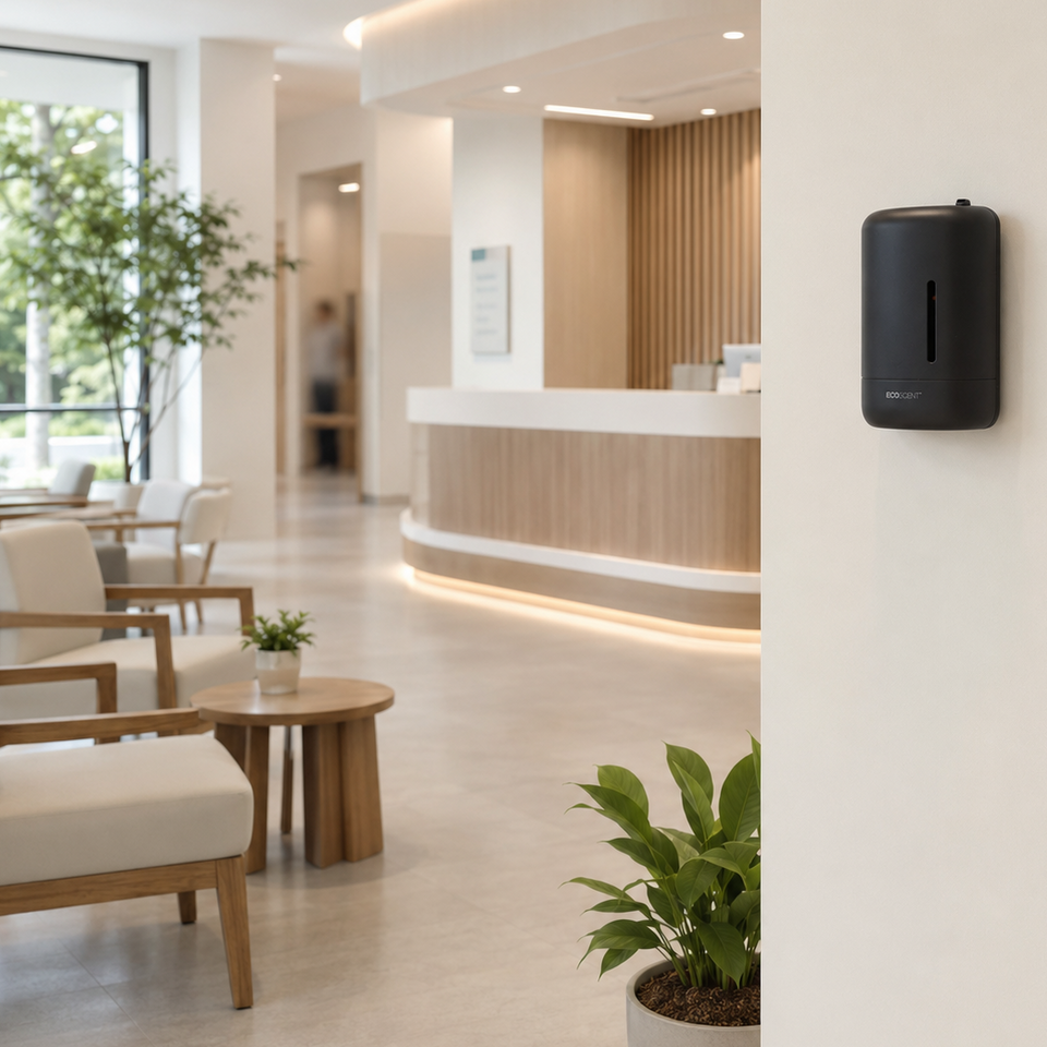 A black wall-mounted dispenser is shown mounted on a white wall in a modern, bright hospital or clinic lobby with wooden accents, chairs, and a reception desk in the background.