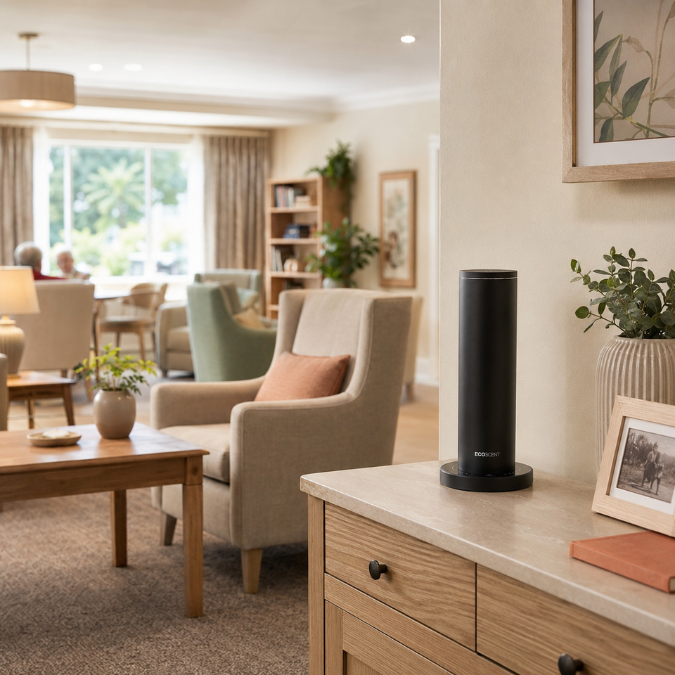 A black cylindrical scent machine on a wooden side table in a lounge area with beige armchairs and a light wooden coffee table.