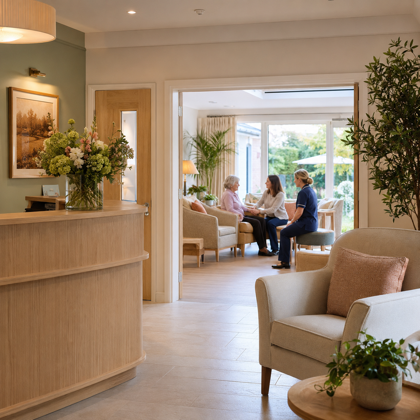 Reception area featuring a wooden desk and flowers, leading to a seating area where two women are engaged in conversation with a staff member in a blue uniform.