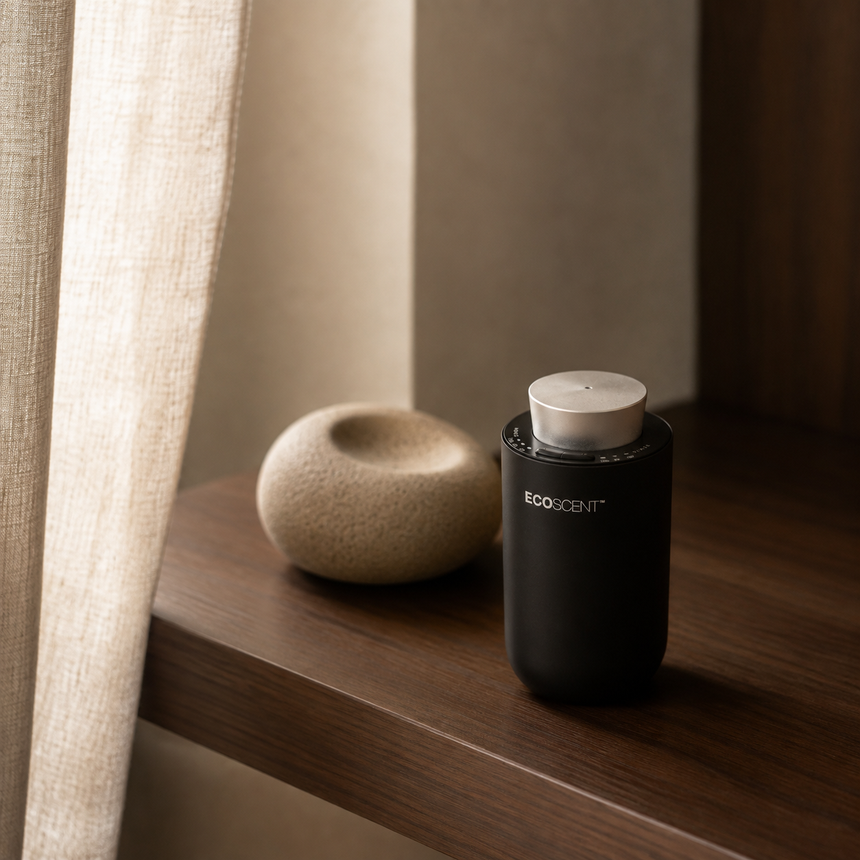 Black ECOSCENT diffuser on a wooden shelf beside a beige stone ornament.