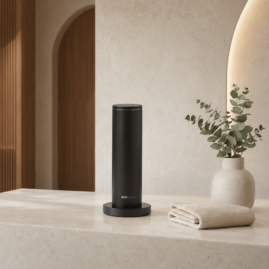 bluetooth barrel scent machine standing on a matching circular base, placed on a light stone countertop in a modern interior setting with a folded towel and a vase of greenery nearby.