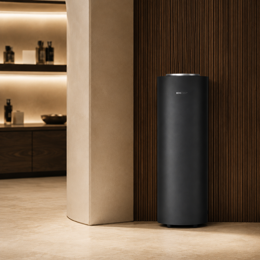 Tall black cylindrical scent machine against a wood-panelled wall in a modern interior.