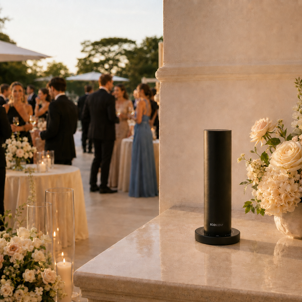 A black cylindrical scent machine placed on a stone surface with floral arrangements, while elegantly dressed guests converse in the background at an outdoor event.