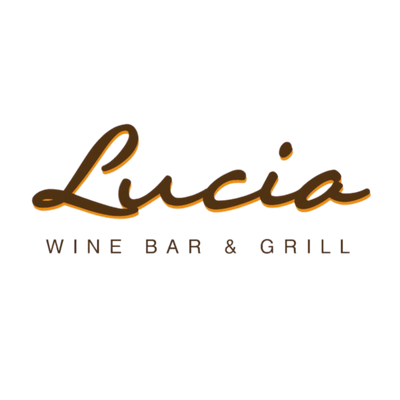 Lucia Wine Bar & Grill logo on a plain white background, with the word 'Lucia' in brown cursive and 'WINE BAR & GRILL' in smaller brown block text below.