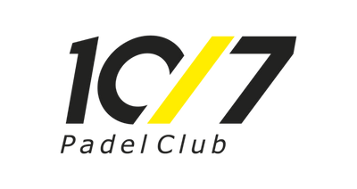 The logo for '10/7 Padel Club' features bold black typography with a bright yellow diagonal stripe separating the '10' and '7', set against a plain white background.