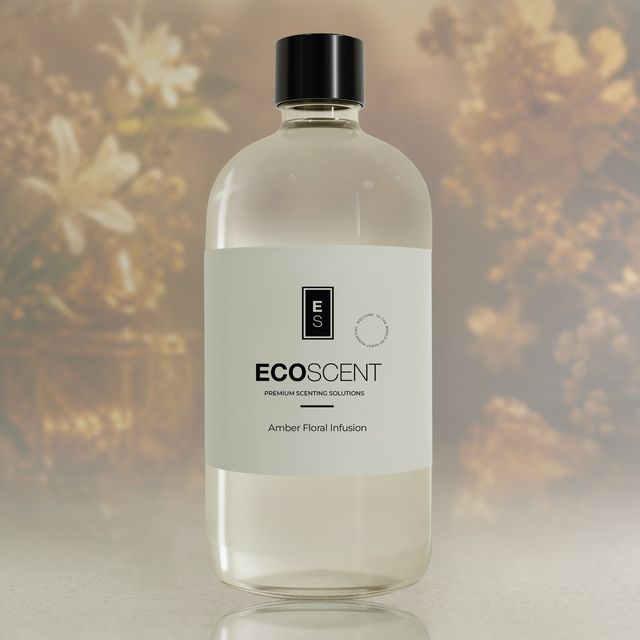 Bottle of Ecoscent product with a floral background
