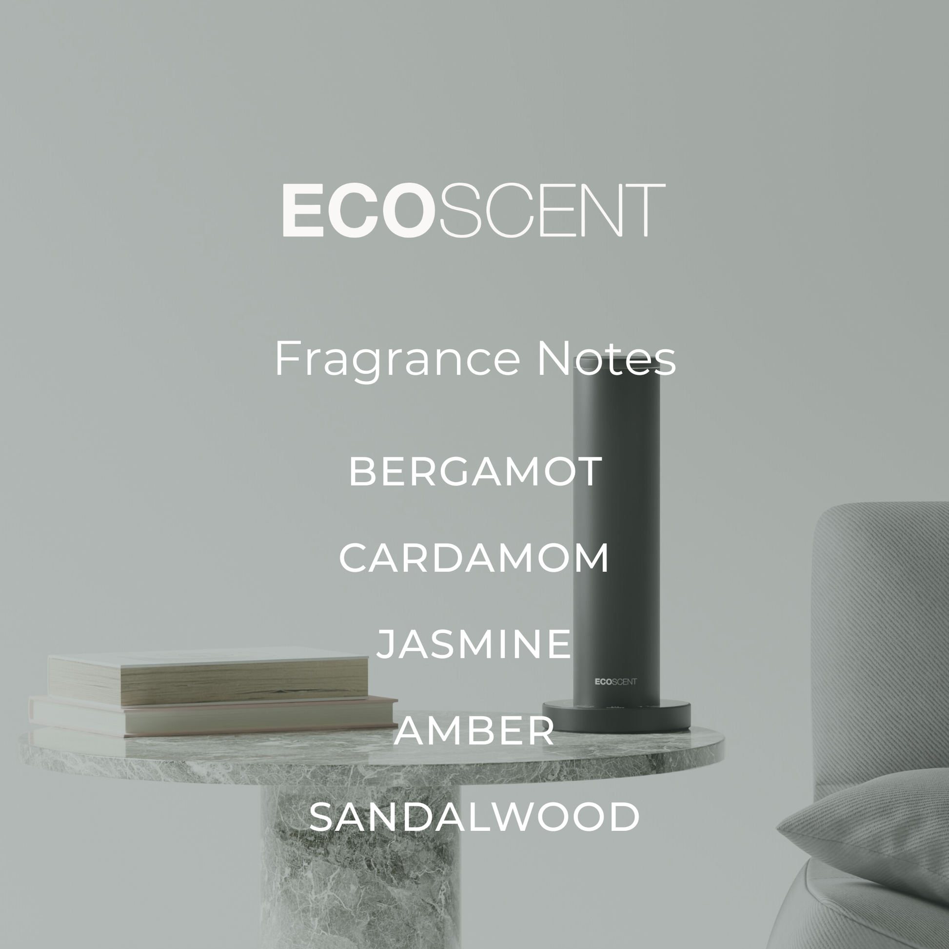 EcoScent fragrance notes displayed in a modern interior setting