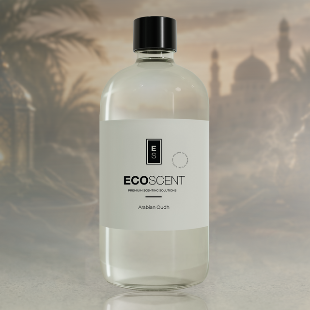 Bottle of Ecoscent Arabian Oudh fragrance oil with a blurred background