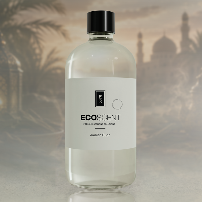 Bottle of Ecoscent Arabian Oudh fragrance oil with a blurred background