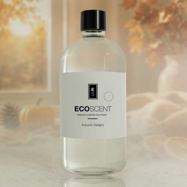 Bottle of Ecoscent product with a blurred autumn-themed background