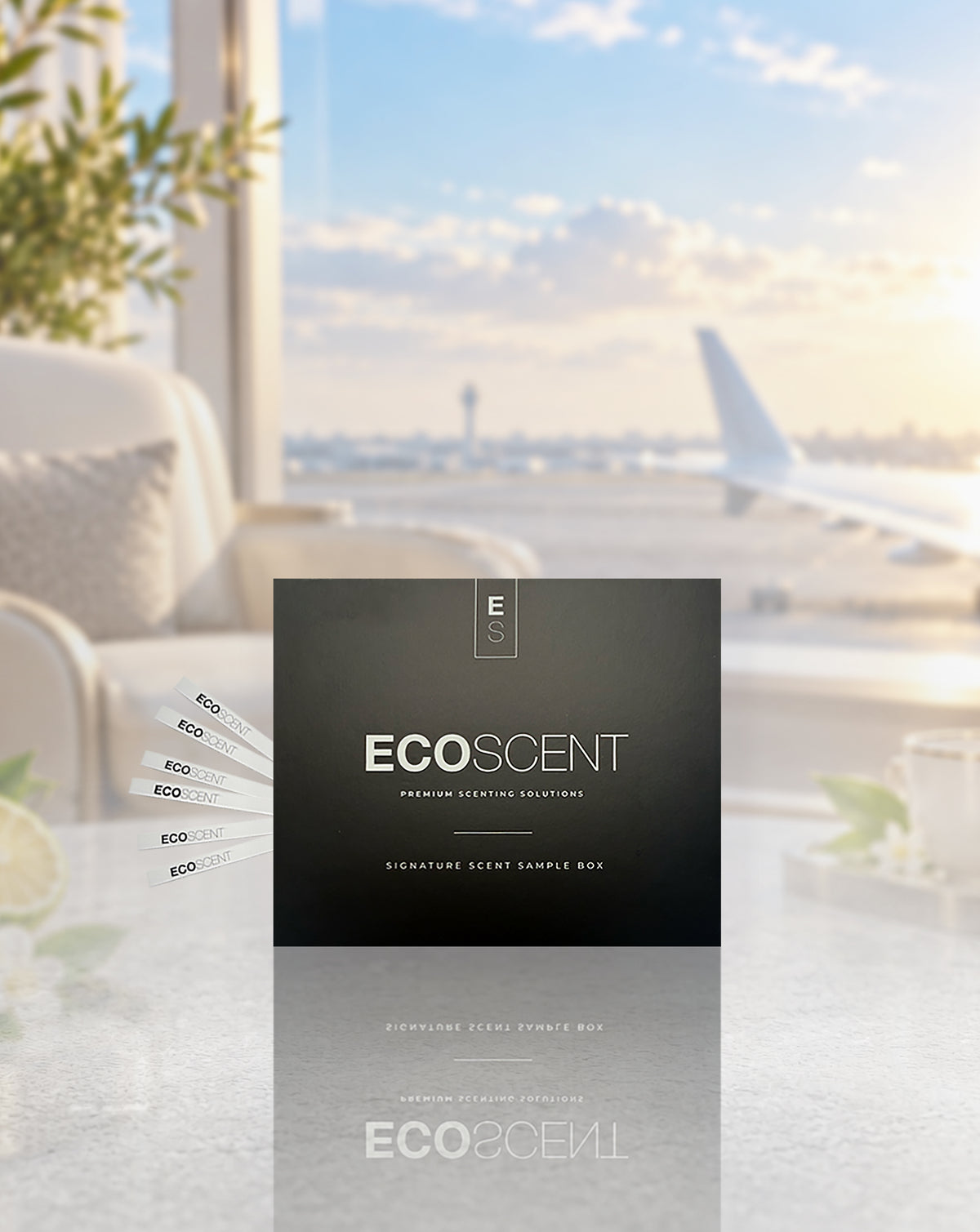 A black ECOSCENT premium scenting solution box is displayed on a reflective surface with a blurred airport scene in the background, including an airplane window view and lounge furniture.
