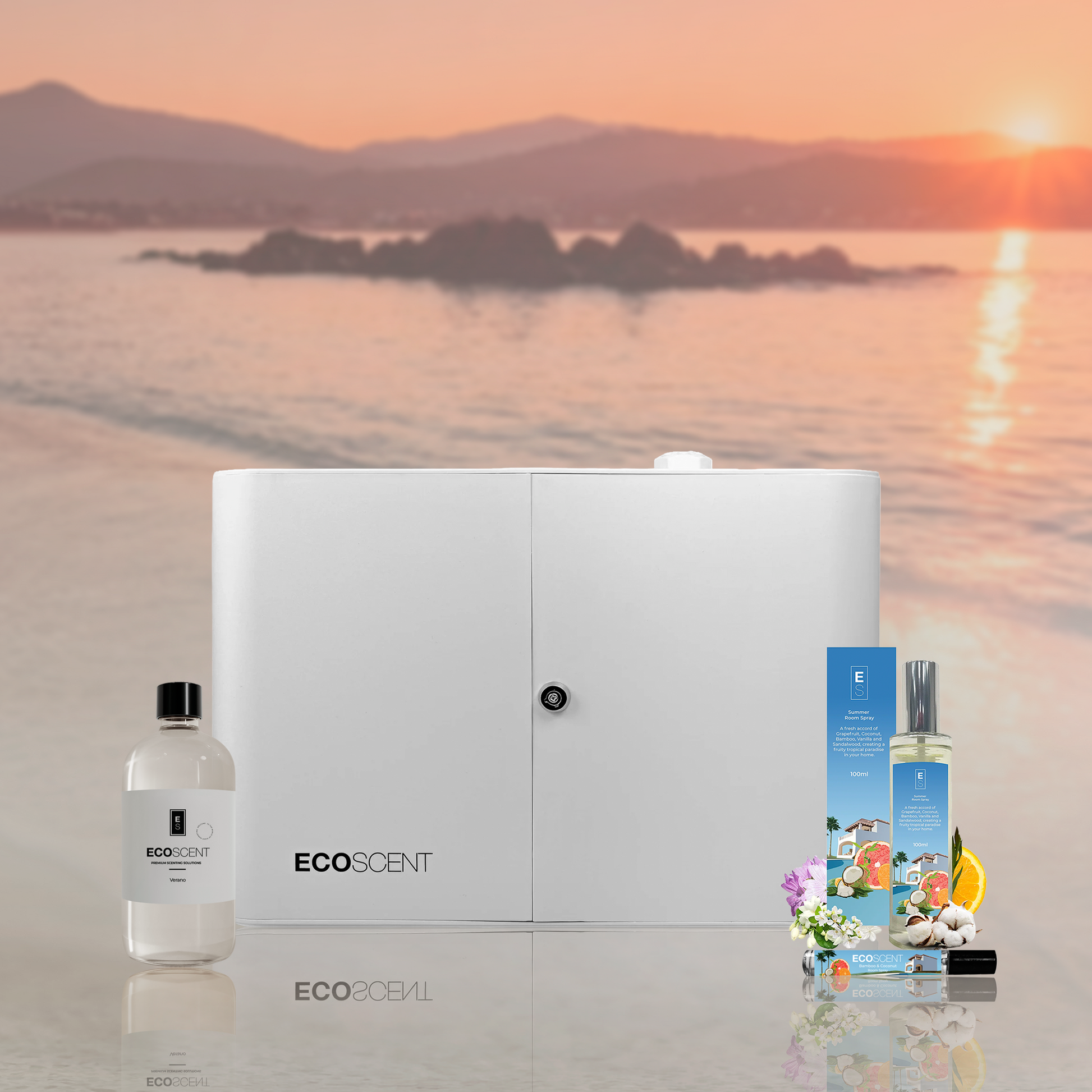 Ecoscent products on a beach with a sunset in the background