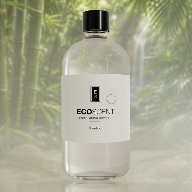 Clear bottle with black cap and white label featuring 'EcoScent' on a blurred green foliage background