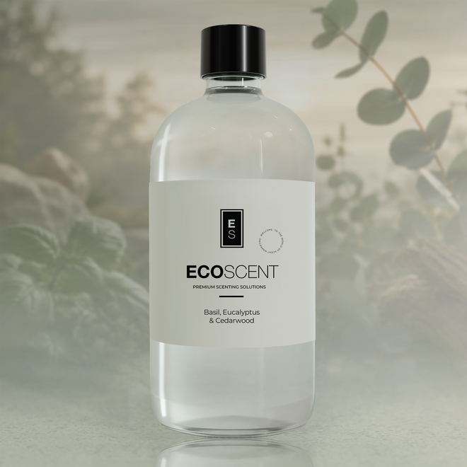 Clear bottle with black cap labeled 'ECOSCENT' on a blurred natural background