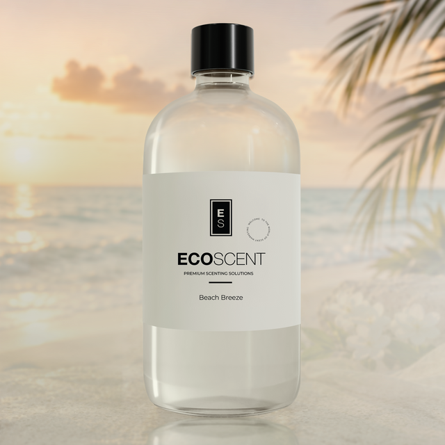 Bottle of Ecoscent Beach Breeze fragrance with a sunset and palm leaves in the background