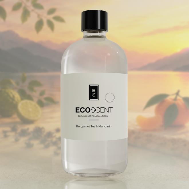 Bottle of Ecoscent product with a scenic background