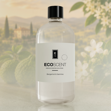 Clear bottle with black cap labeled 'ECOSENT' on a blurred natural background