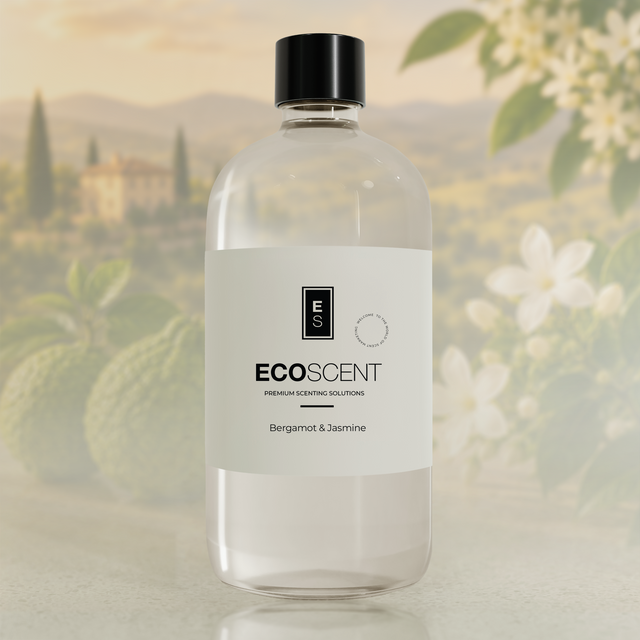 Clear bottle with black cap labeled 'ECOSENT' on a blurred natural background