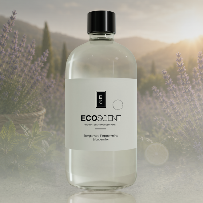 Bottle of Ecoscent product with a blurred natural background