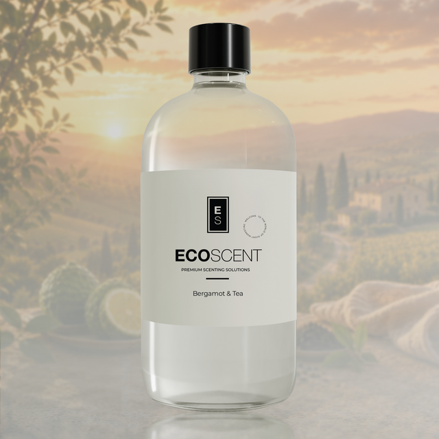 Bottle of Ecoscent product with a scenic background