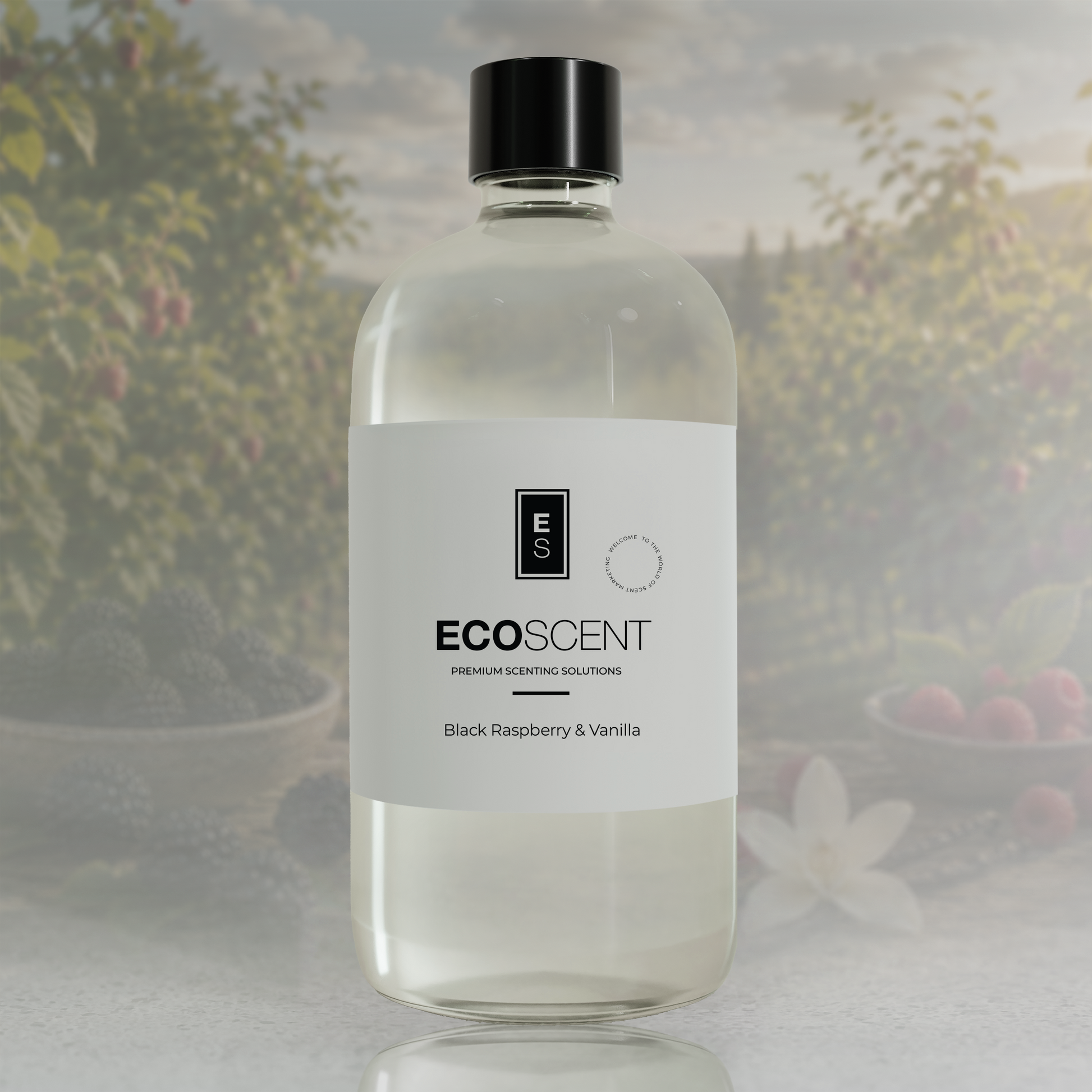 Clear bottle with black cap labeled 'ECOSCENT' on a blurred natural background