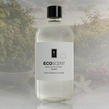 Clear bottle with black cap labeled 'ECOSCENT' on a blurred natural background