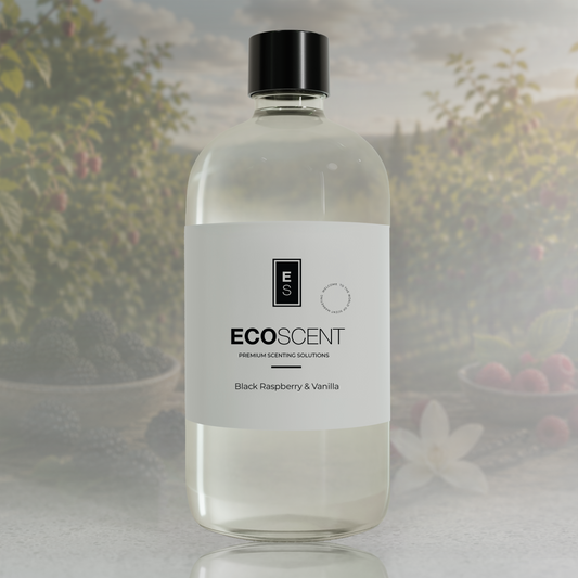 Clear bottle with black cap labeled 'ECOSCENT' on a blurred natural background