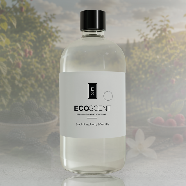 Clear bottle with black cap labeled 'ECOSCENT' on a blurred natural background