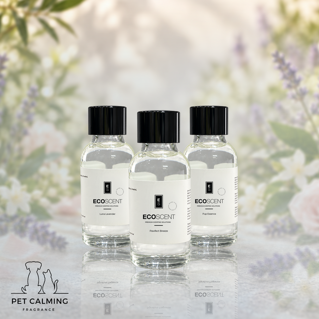 Three small clear glass bottles of EcoScent essential oil with black caps and white labels, arranged on a reflective surface against a soft, blurred floral background.