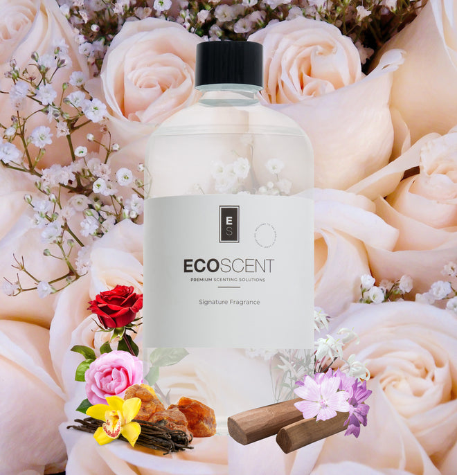 ecoscent-shop Bouquet of Flowers Fragrance Oil in a clear bottle with a black cap, featuring a label with the brand name and description, surrounded by various flowers including roses and other blooms.