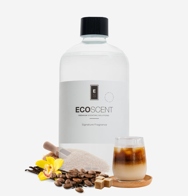 ecoscent-shop Brown Sugar Iced Coffee Fragrance Oil featuring coffee, brown sugar, and vanilla scents, presented in a clear bottle with a black cap. The image includes decorative elements like a glass with iced coffee, sugar, and coffee beans.