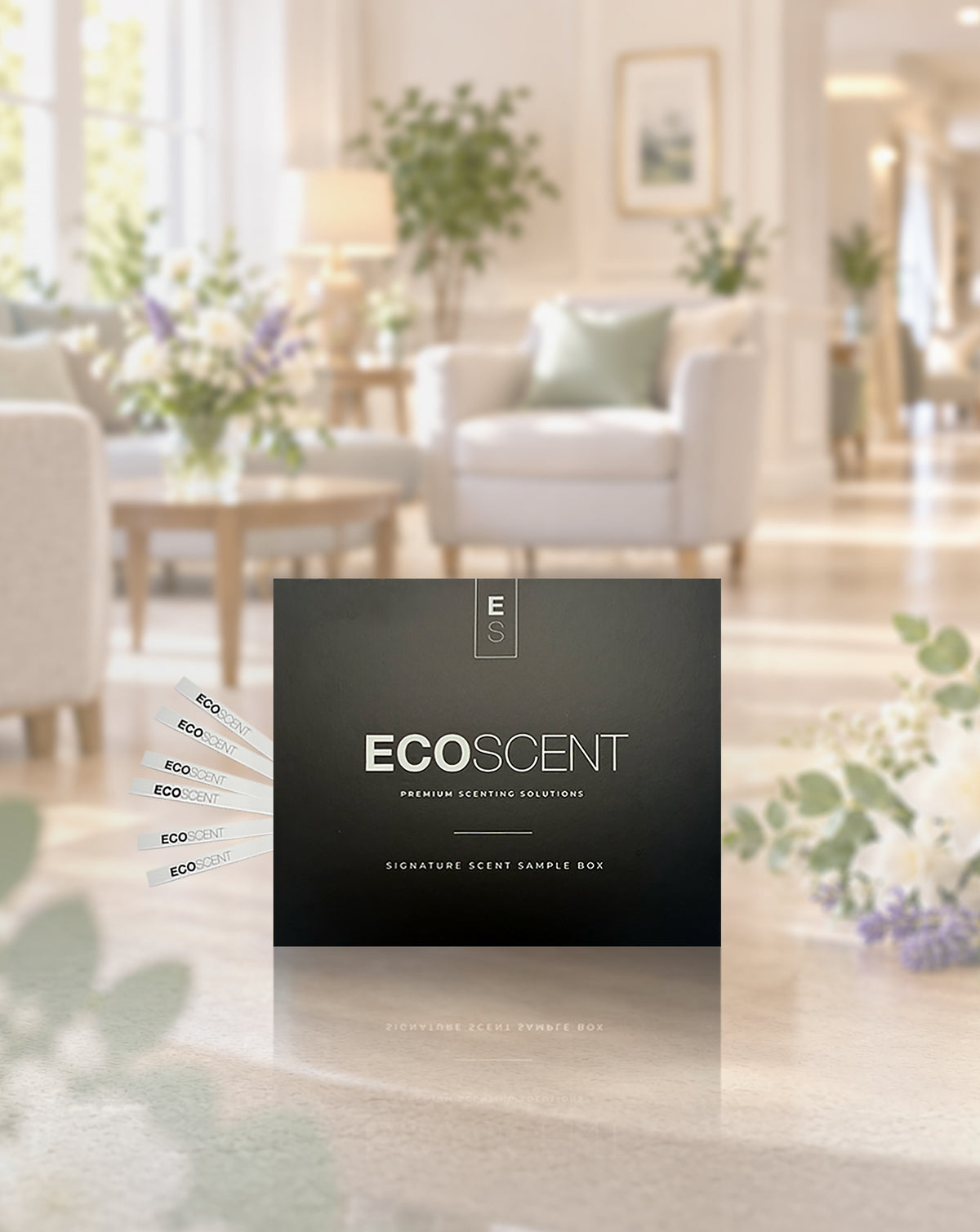 A black ECOSCENT premium setting sample box takes centre stage in the foreground, while several small scent sample cards fan out to the left. Behind it, a softly blurred, bright and elegant care home living room creates a warm backdrop.