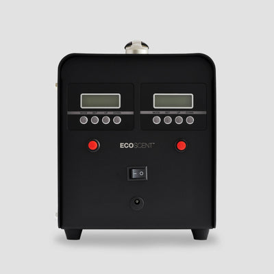 EcoScent Ceres HVAC Commercial Scent Machine (15,000m³) by ecoscent-shop in black, featuring two digital displays, control buttons, and a sturdy design for efficient scent dispersal in commercial spaces.